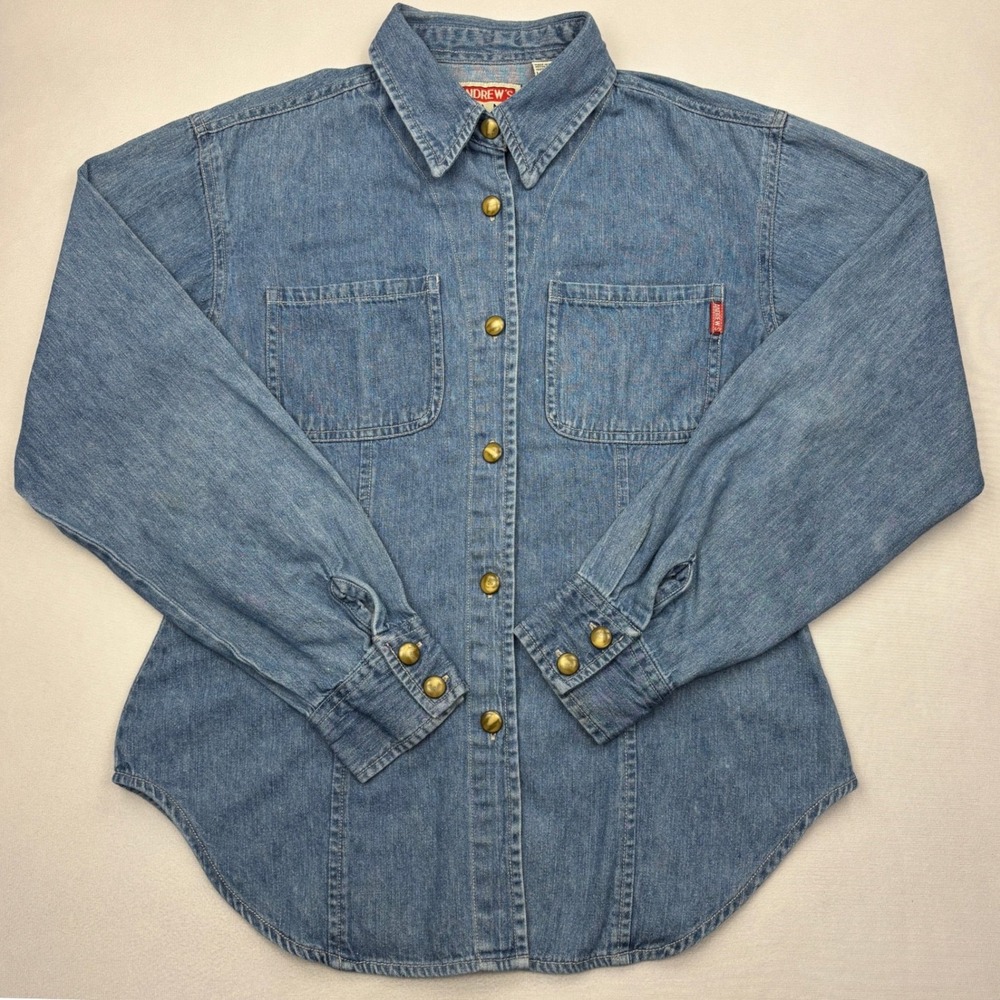 Andrews Jeans Vintage Denim Shirt Womens Large Blue Cotton Snap Button Shacket